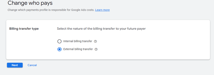Google Ads external billing transfer