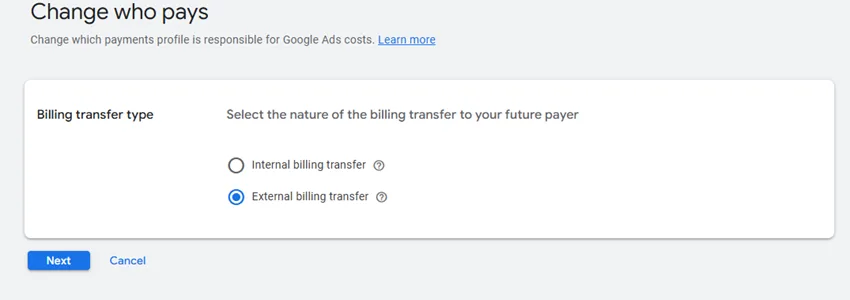 Google Ads external billing transfer