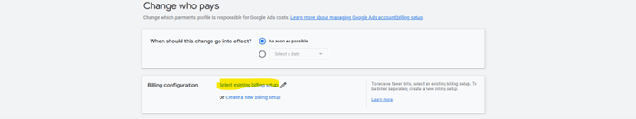 Google Ads select existing billing setup