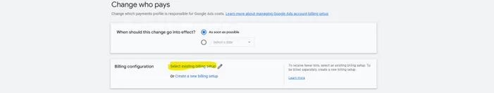 Google Ads select existing billing setup