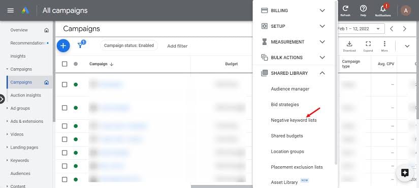 How to add negative keyword lists