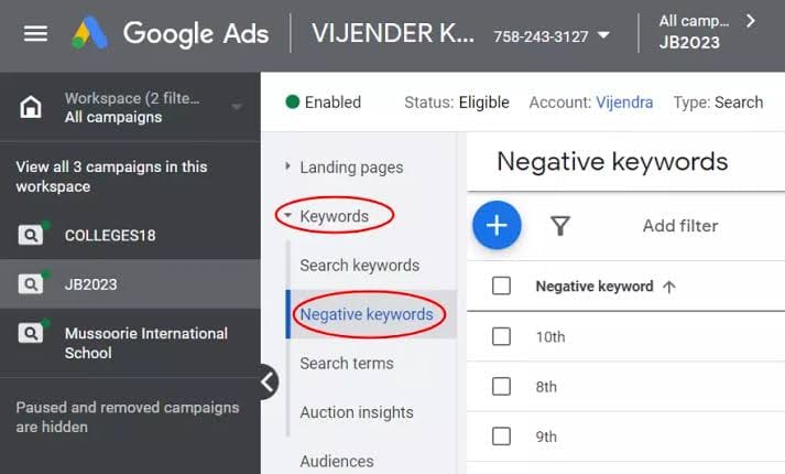 How to add negative keywords